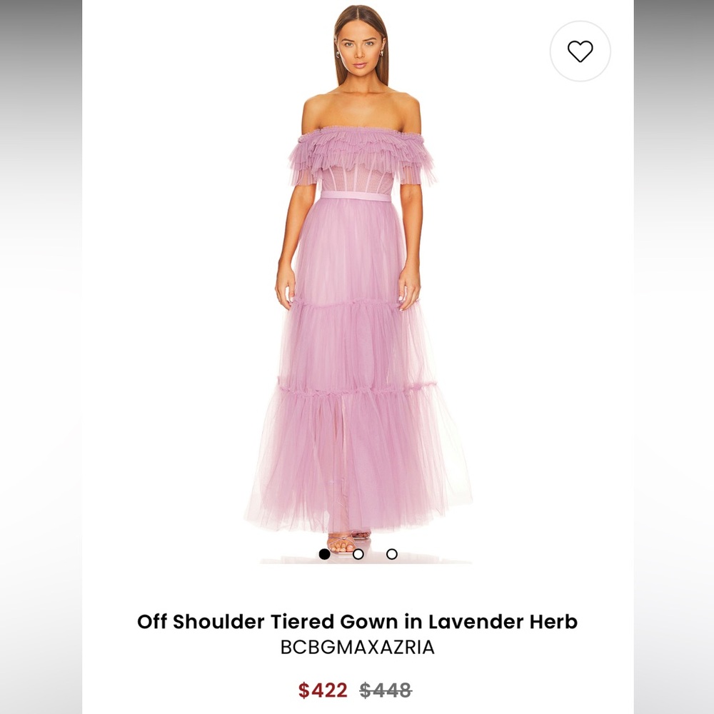 BCBGMAXAZRIA Off Shoulder Tiered Gown in Lavender Herb